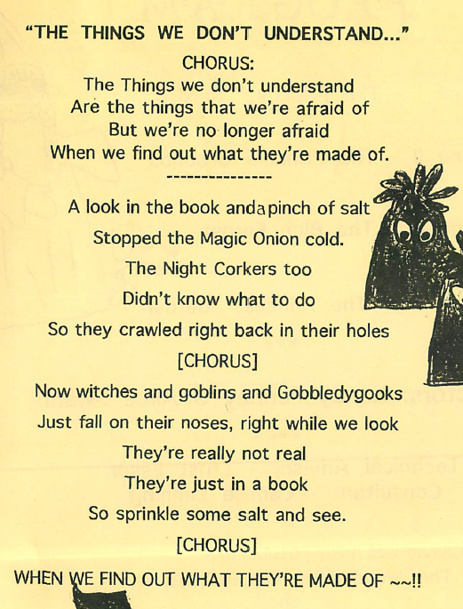 Printed lyrics to 'The Things We Don't Understand' from the 2006 Pennswood Village Puppeteers playbill